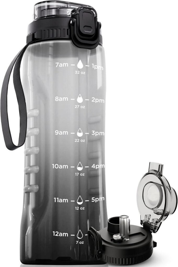 Stay Hydrated All Day with AQUAFIT 32oz Water Bottle – Dual Lid & Time Marker!